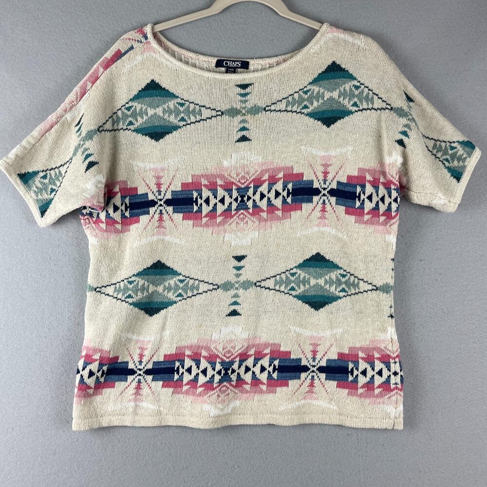 Chaps Aztec‎ Sweater Womens Large Knit Cotten Linen Western Southwestern